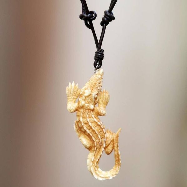 Alternate image for Carved Bone Alligator Pendant Necklace on Leather Cord Alligator