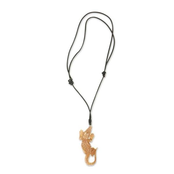 Alternate image for Carved Bone Alligator Pendant Necklace on Leather Cord Alligator