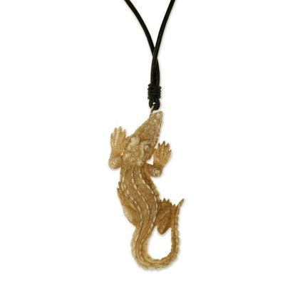 Alternate image for Carved Bone Alligator Pendant Necklace on Leather Cord Alligator