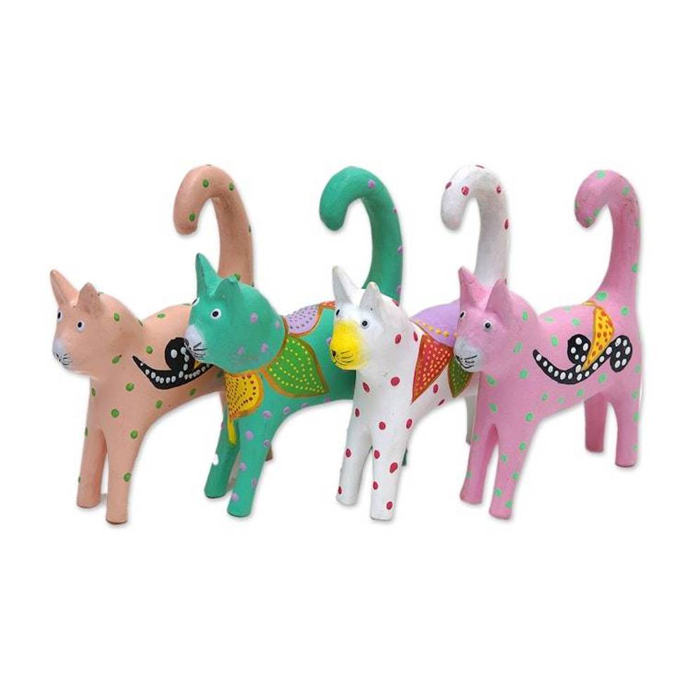 4 Hand-Painted Wooden Cat Christmas Ornaments from Bali 'Feline Magic'