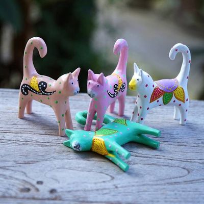 Alternate image for 4 Hand-Painted Wooden Cat Christmas Ornaments from Bali Feline Magic