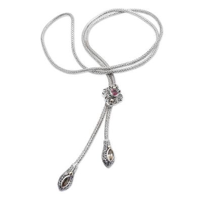 Alternate image for Gold-Accented Garnet Citrine Silver Floral Lariat Necklace Gem Garden