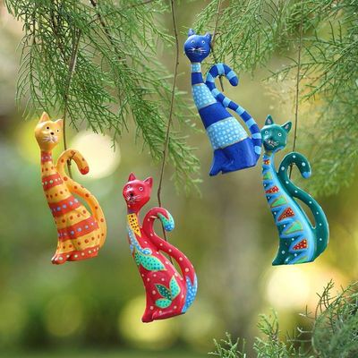 Alternate image for Set of 4 Painted Whimsical Albesia Wood Cat Ornaments Purr-fect Cats