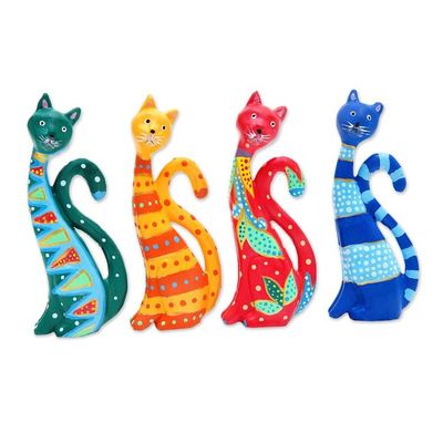 Alternate image for Set of 4 Painted Whimsical Albesia Wood Cat Ornaments Purr-fect Cats