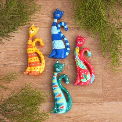 Alternate image for Set of 4 Painted Whimsical Albesia Wood Cat Ornaments Purr-fect Cats