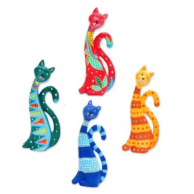 Alternate image for Set of 4 Painted Whimsical Albesia Wood Cat Ornaments Purr-fect Cats