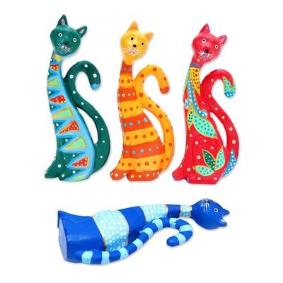 Alternate image for Set of 4 Painted Whimsical Albesia Wood Cat Ornaments Purr-fect Cats