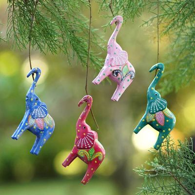 Alternate image for Set of 4 Painted Tropical Albesia Wood Elephant Ornaments Cheerful Elephants