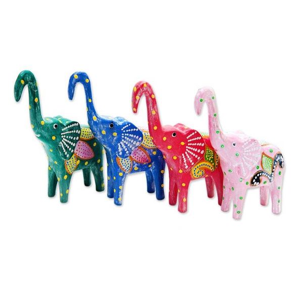 Alternate image for Set of 4 Painted Tropical Albesia Wood Elephant Ornaments Cheerful Elephants