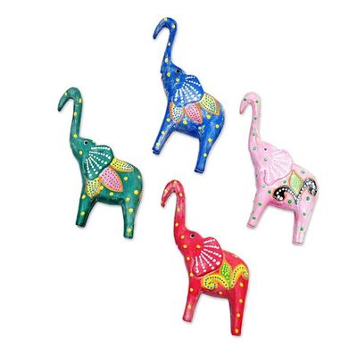Alternate image for Set of 4 Painted Tropical Albesia Wood Elephant Ornaments Cheerful Elephants