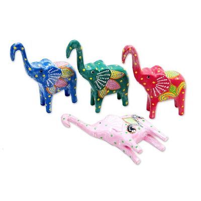 Alternate image for Set of 4 Painted Tropical Albesia Wood Elephant Ornaments Cheerful Elephants