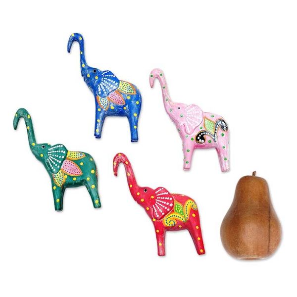 Alternate image for Set of 4 Painted Tropical Albesia Wood Elephant Ornaments Cheerful Elephants