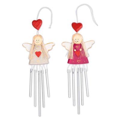 Alternate image for 2 Angel and Heart-Themed Wood and Natural Fiber Wind Chimes Twinning Hearts