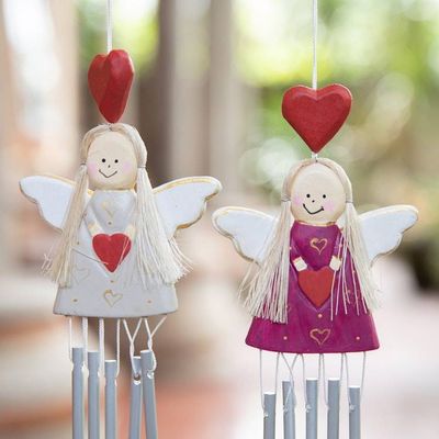 Alternate image for 2 Angel and Heart-Themed Wood and Natural Fiber Wind Chimes Twinning Hearts
