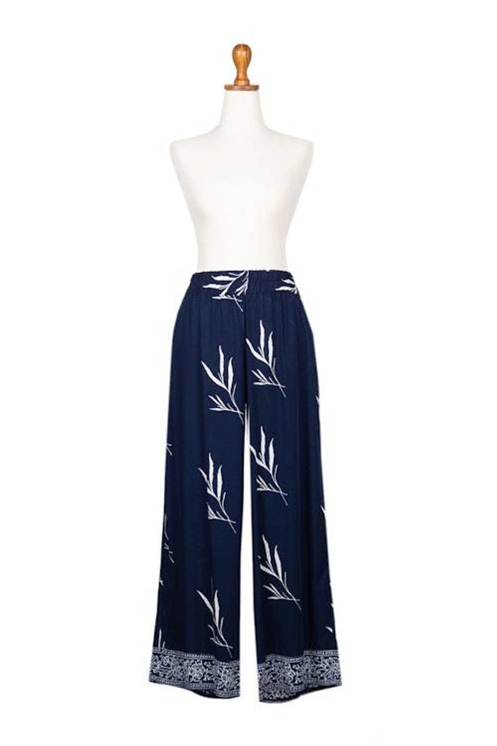 Indonesian Batik Rayon Pants with Floral and Leaf Motifs 'Midnight Roots'