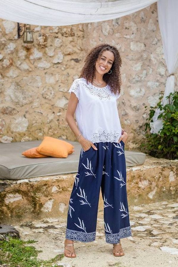 Alternate image for Indonesian Batik Rayon Pants with Floral and Leaf Motifs Midnight Roots