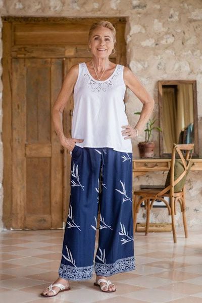 Alternate image for Indonesian Batik Rayon Pants with Floral and Leaf Motifs Midnight Roots