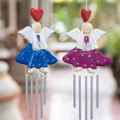 Alternate image for 2 Blue Purple Wood and Natural Fiber Fairy Wind Chimes Smiling Fairies