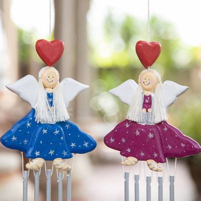 Alternate image for 2 Blue Purple Wood and Natural Fiber Fairy Wind Chimes Smiling Fairies