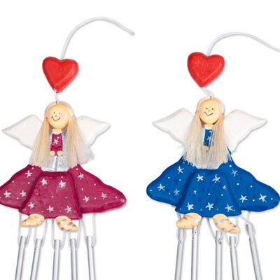 Alternate image for 2 Blue Purple Wood and Natural Fiber Fairy Wind Chimes Smiling Fairies