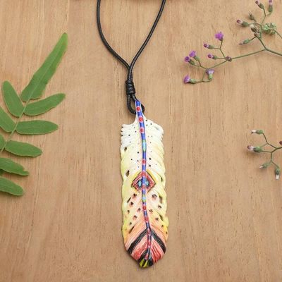 Primary image for Hand-Painted Red and Yellow Feather Pendant Necklace Courageous Freedom