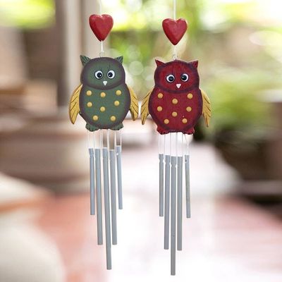 Primary image for Pair of Owl-Shaped Hand-Carved and Painted Wood Wind Chimes Curious Owls