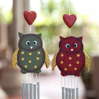 Alternate image for Pair of Owl-Shaped Hand-Carved and Painted Wood Wind Chimes Curious Owls