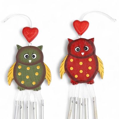 Alternate image for Pair of Owl-Shaped Hand-Carved and Painted Wood Wind Chimes Curious Owls