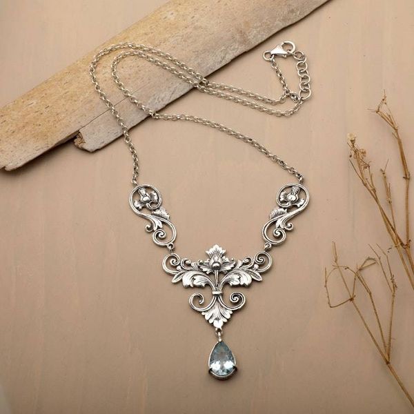 Alternate image for Floral and Leafy 3-Carat Faceted Blue Topaz Pendant Necklace Lotus of the Loyal
