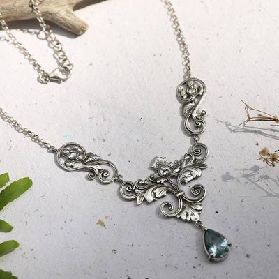 Alternate image for Floral and Leafy 3-Carat Faceted Blue Topaz Pendant Necklace Lotus of the Loyal