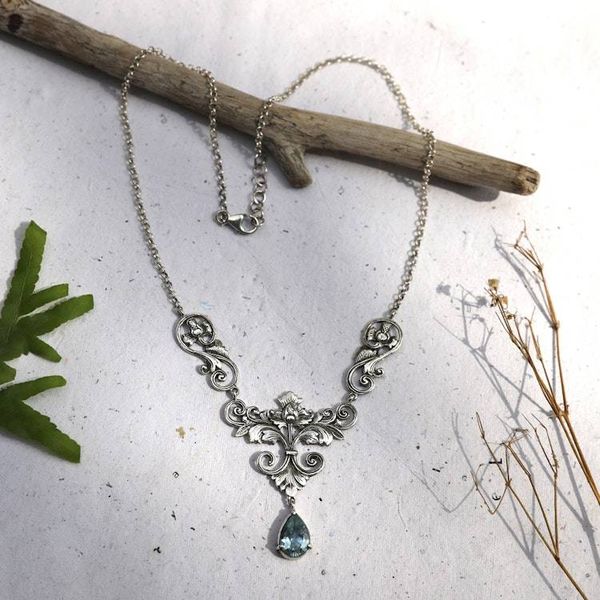 Alternate image for Floral and Leafy 3-Carat Faceted Blue Topaz Pendant Necklace Lotus of the Loyal