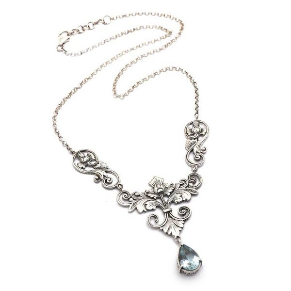 Alternate image for Floral and Leafy 3-Carat Faceted Blue Topaz Pendant Necklace Lotus of the Loyal