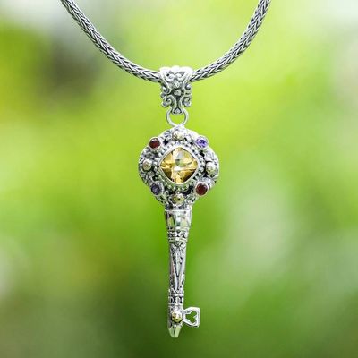 Alternate image for Gold-Accented Citrine Garnet Amethyst Silver Key Necklace Key of Friendship