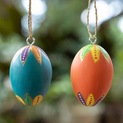 Alternate image for 2 Colorful Hand-Carved Painted Wood Egg Christmas Ornaments Colorful Holiday Eggs