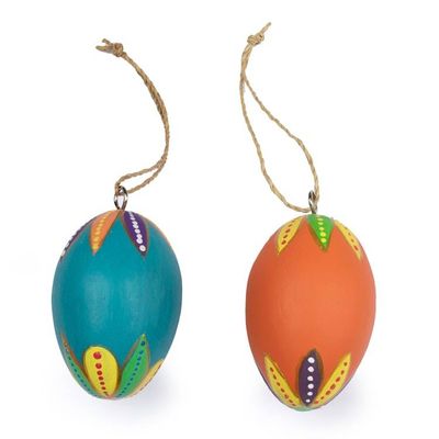 Alternate image for 2 Colorful Hand-Carved Painted Wood Egg Christmas Ornaments Colorful Holiday Eggs