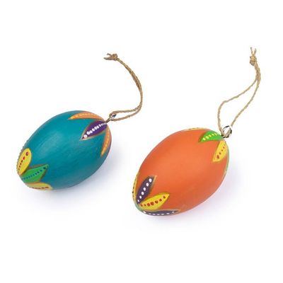 Alternate image for 2 Colorful Hand-Carved Painted Wood Egg Christmas Ornaments Colorful Holiday Eggs