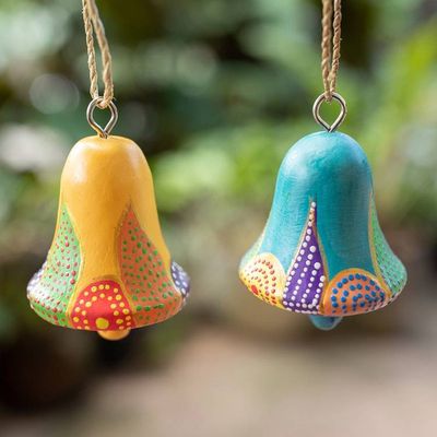 Alternate image for 2 Bell-Shaped Hand-Carved Painted Wood Christmas Ornaments Colorful Holiday Bells