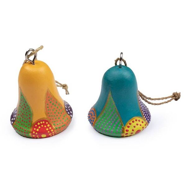 Alternate image for 2 Bell-Shaped Hand-Carved Painted Wood Christmas Ornaments Colorful Holiday Bells
