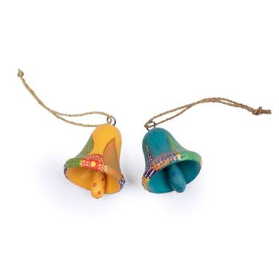 Alternate image for 2 Bell-Shaped Hand-Carved Painted Wood Christmas Ornaments Colorful Holiday Bells