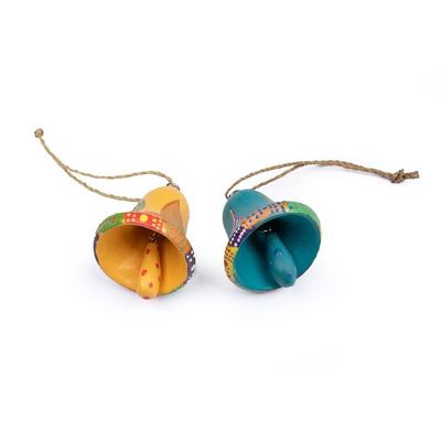 Alternate image for 2 Bell-Shaped Hand-Carved Painted Wood Christmas Ornaments Colorful Holiday Bells