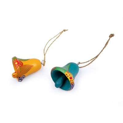 Alternate image for 2 Bell-Shaped Hand-Carved Painted Wood Christmas Ornaments Colorful Holiday Bells