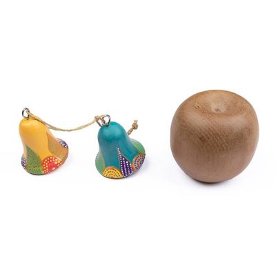 Alternate image for 2 Bell-Shaped Hand-Carved Painted Wood Christmas Ornaments Colorful Holiday Bells