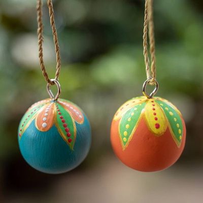 Primary image for Pair of Hand-Carved Painted Wood Globe Christmas Ornaments Colorful Holiday Globes