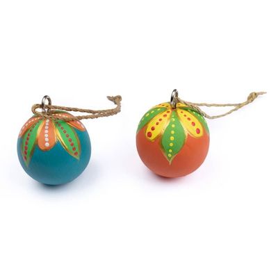 Alternate image for Pair of Hand-Carved Painted Wood Globe Christmas Ornaments Colorful Holiday Globes
