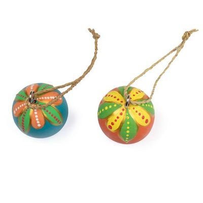Alternate image for Pair of Hand-Carved Painted Wood Globe Christmas Ornaments Colorful Holiday Globes
