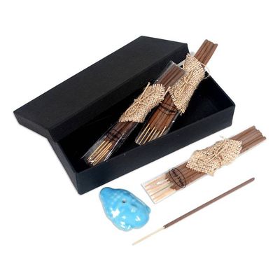 Alternate image for Buddha-Themed Blue Ceramic Incense Set with 18 Sticks Blue Vesak Celebration