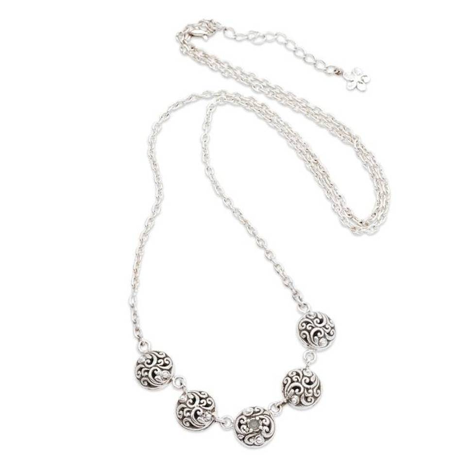 Blue Topaz Silver Pendant Necklace with Vine Theme from Bali 'Botanical Bliss'