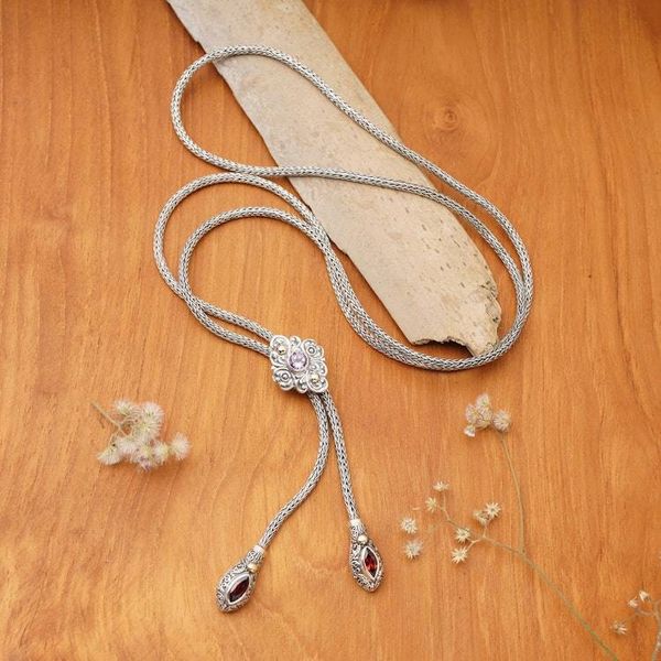 Alternate image for Gold-Accented Garnet Amethyst Silver Floral Lariat Necklace Jewel Garden