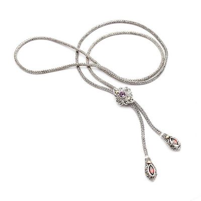 Alternate image for Gold-Accented Garnet Amethyst Silver Floral Lariat Necklace Jewel Garden