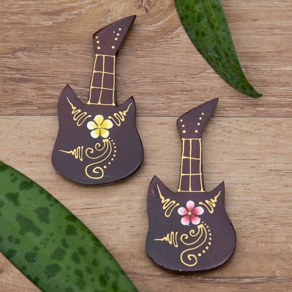 Alternate image for Set of 2 Hand-Painted Floral Guitar-Shaped Wood Magnets Paradisial Melodies